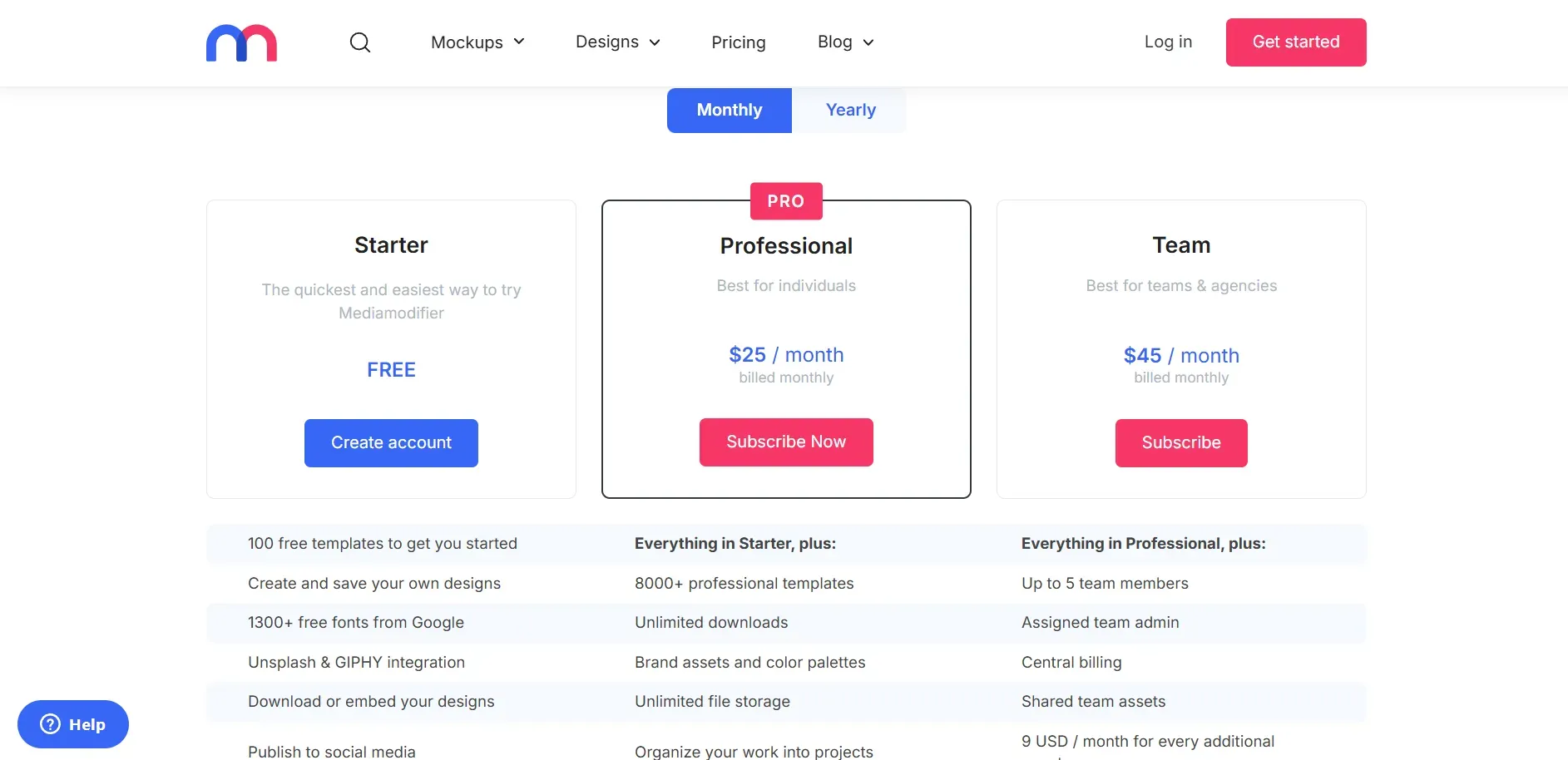 Mediamodifier pricing page showing its different plans with each plans offering